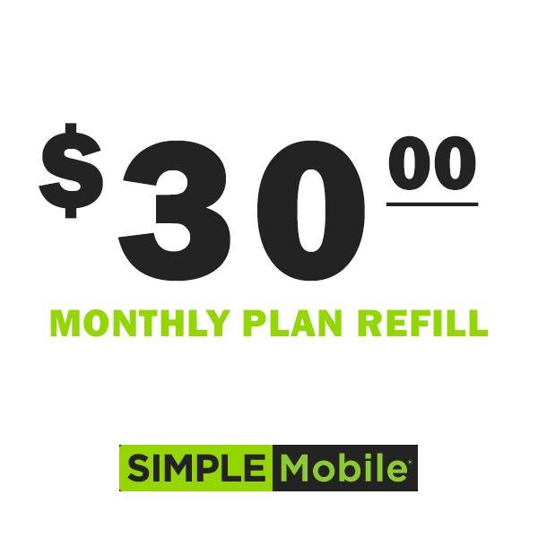 $30 Simple Mobile Prepaid Refill Card - Fastest Direct Top-Up, Unlimited Talk/Text & Data